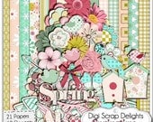 Springtime Digital Scrapbook Kit w Birds, Birdhouses, Butterflies, & Lady Bugs in Pink, Green, Yellow, Instand Download