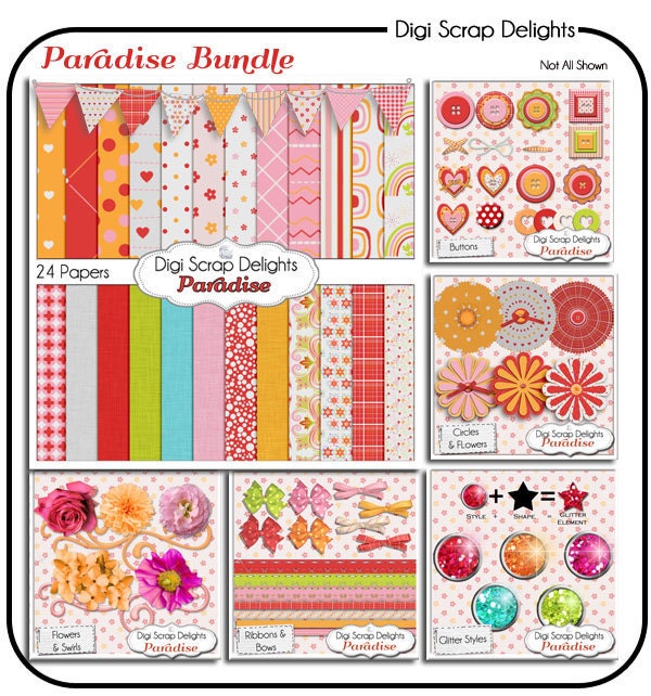SALE Paradise Digital Scrapbooking Kit Bundle pink, red, orange, papers, elements, glitter, frames, Instant Download