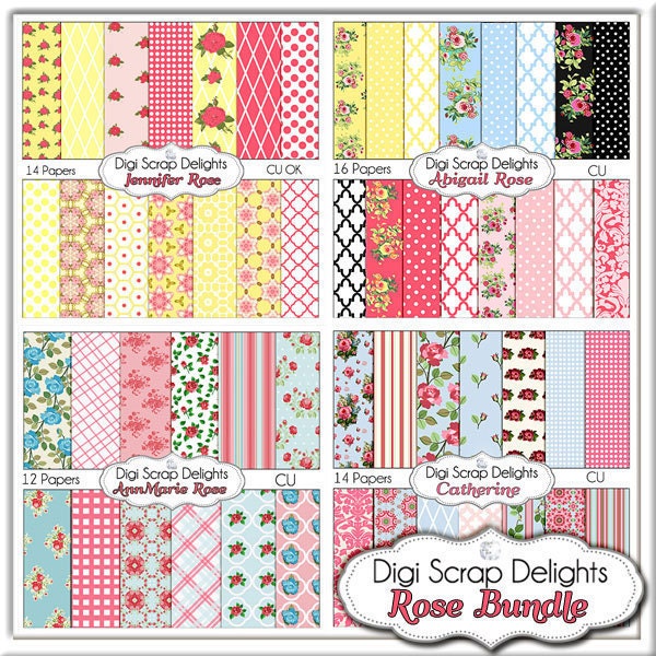Vintage Rose Scrapbook Paper Bundle (Cath Kidson, Shabby Chic Style) for Digital Scrapbooking & Crafts, Instant Download