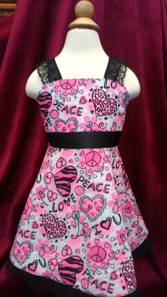 Pink and Black Hearts and Zebra Seersucker Print A-line Girls Summer Dress with Lace Straps