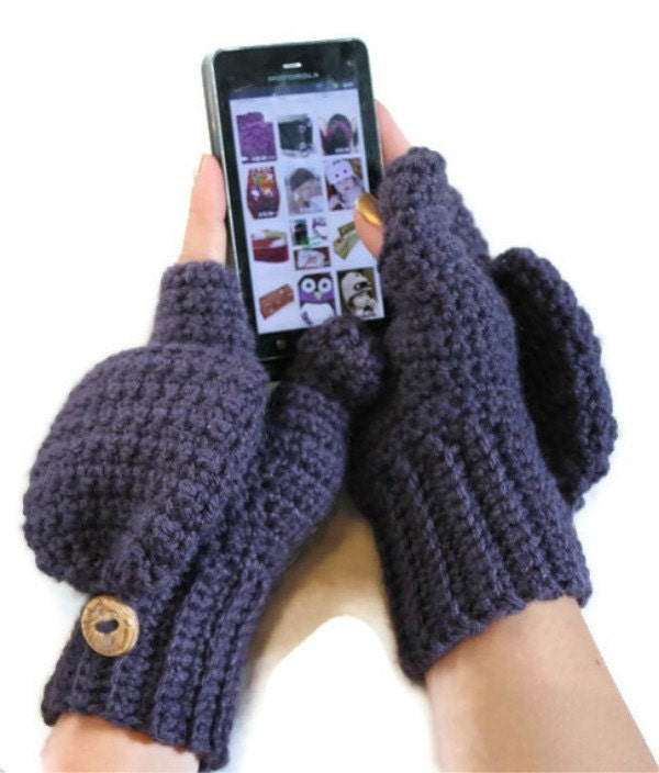 Crochet Fingerless Gloves, Wool blend, Convertible Mittens in Violet READY TO SHIP