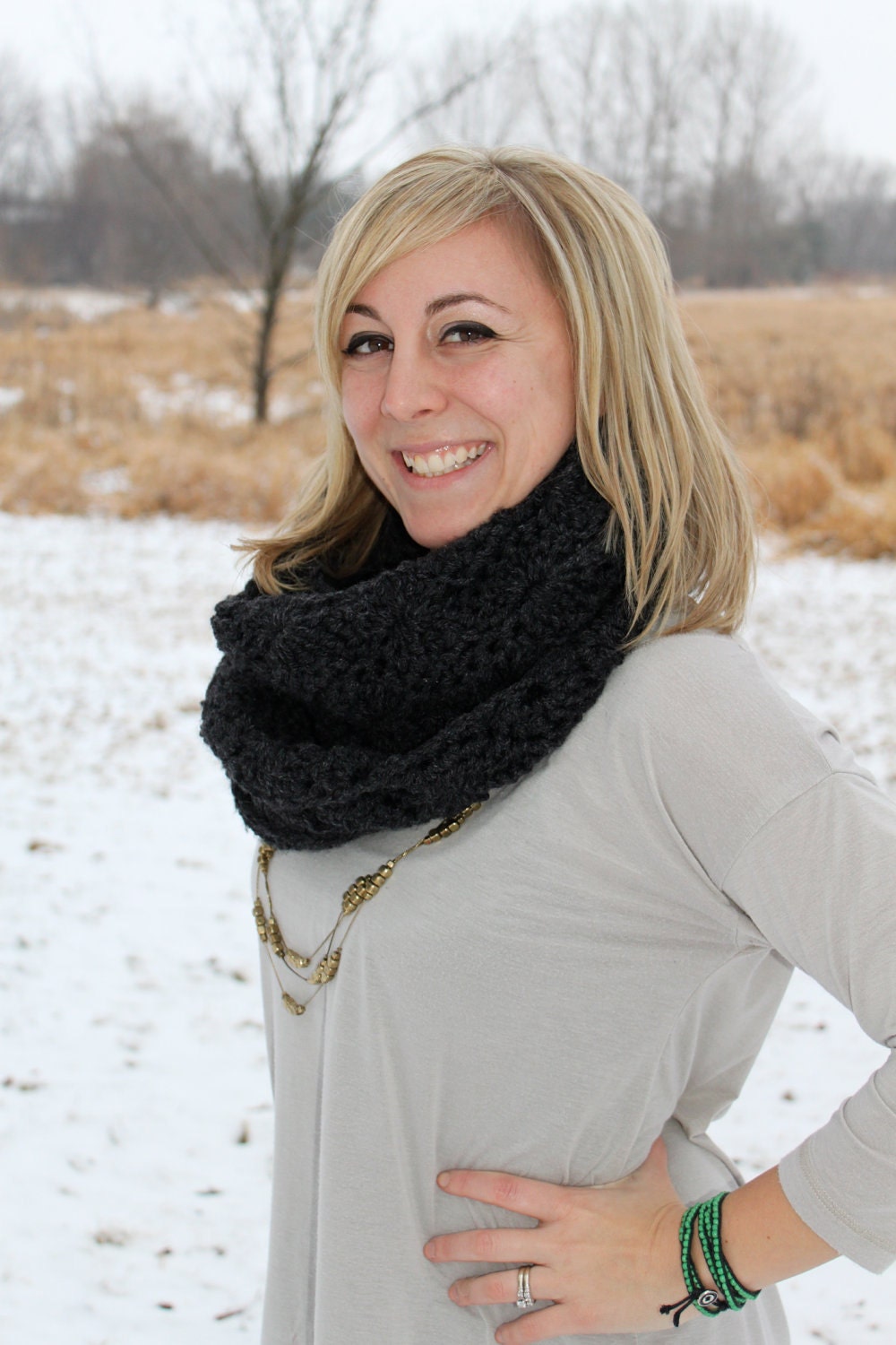 Chunky Crochet Circle Scarf in Grey, Brown, or Cream