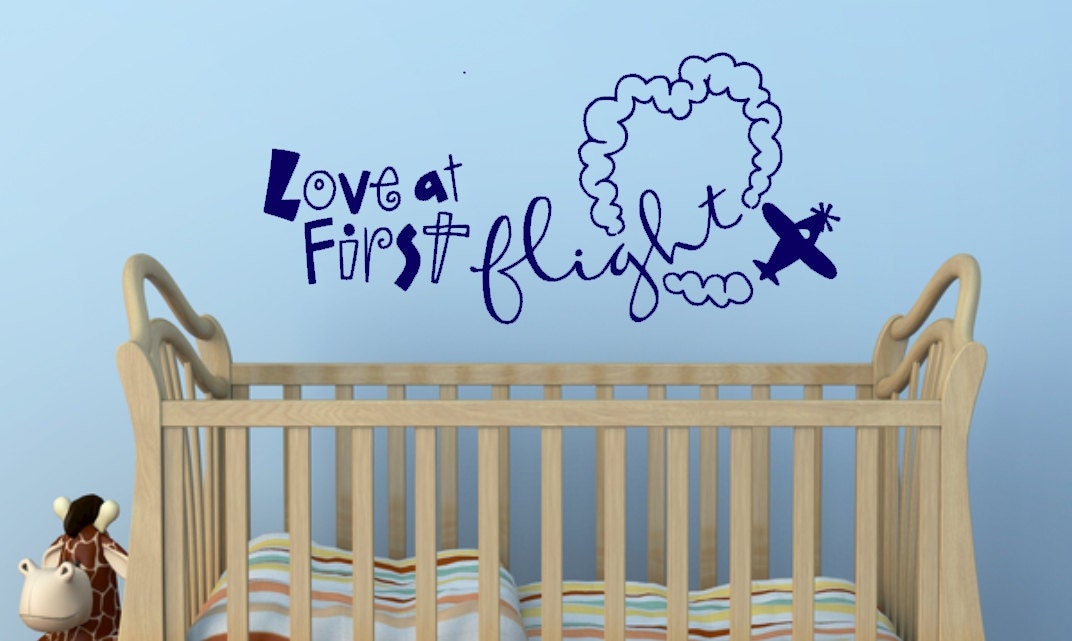 Love At First Flight decal. Whimsical Airplane Vinyl Decal. Boys Room Wall Art.