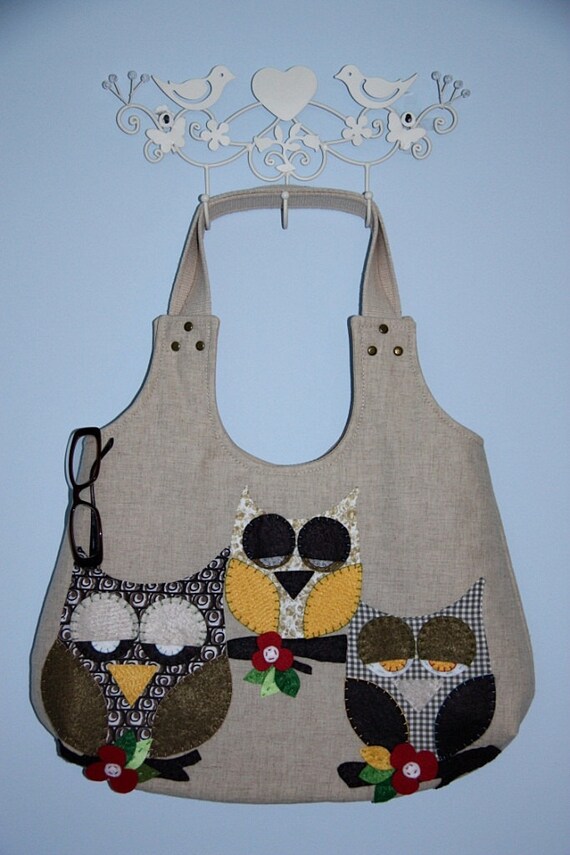 owl purse/owl family applique large hobo bag/ hobo bag / shoulder bag/multicolor owls applique