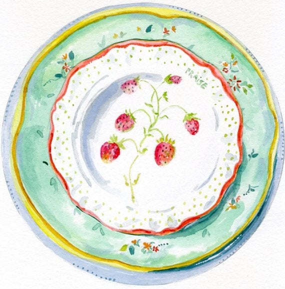 Still Life Kitchen Decor of Original Watercolor Painting -- Vintage Plates -- Fraise