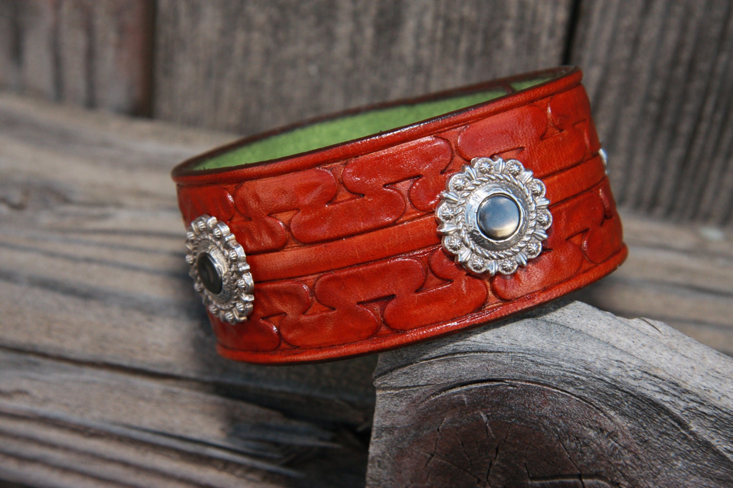 British Tan Leather Cuff Bracelet Carved Tooled Recycled Bangle Wristband Design Craft Rustic Primitive Jewelry OOAK Distressed Antique