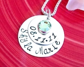 Hand Stamped Mommy Jewelry - Personalized Necklace - Baby Name and Date with Swarovski Crystal Birthstone Pendant