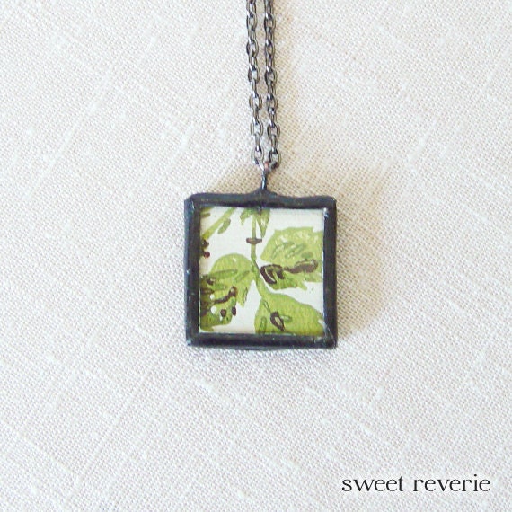 Avocado Green and Brown Leaves Pressed Flower Botanical Vintage Wallpaper Pendant Necklace, Soldered Glass, Bridesmaids, Summer Jewelry