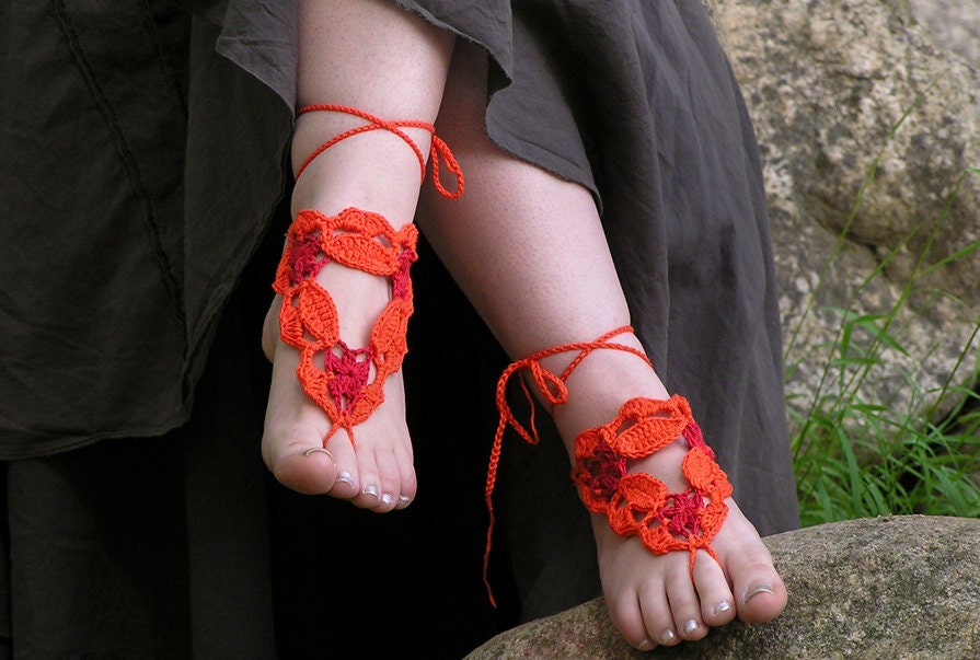 BAREFOOT SANDALS, Crochet, Orange, Red, Nude Summer Shoes, Bohemian Beach Foot Jewelry, Cotton Hippie Sandals, Lolita Anklets