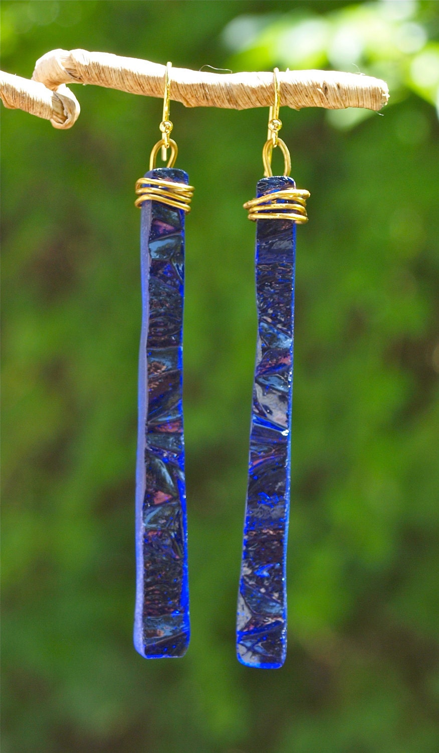 Handmade stained glass earrings - long slice cobalt