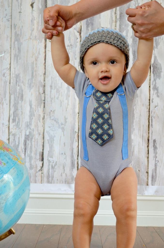Baby Boy Birthday Gift Set Tie Onesie or Shirt & Suspenders with Crocheted Hat - Photo Prop Outfit, Mothers Day Fathers Day, Birthday Party