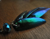 Jewel Beetle Dangle Earrings, beetlewing jewellery for her, peacock blue and green iridescent beetlewings