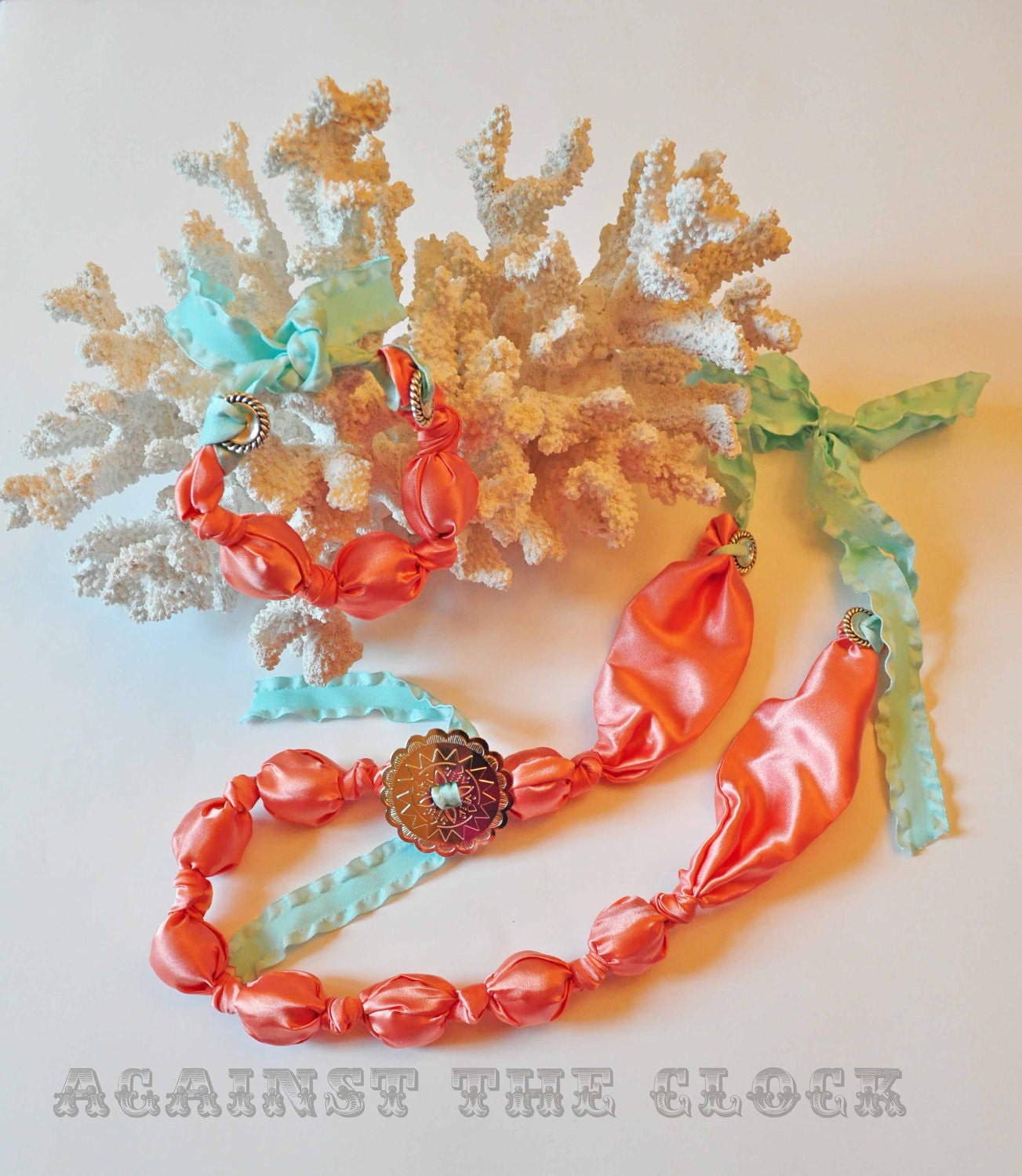 Beaded necklace, fabric necklace, salmon satin , aqua ribbon, sterling silver