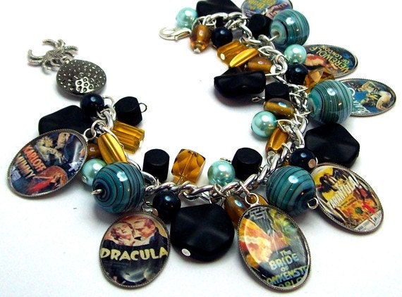 Vintage Monster Movie Posters Charm Bracelet Beaded Altered Art Pictures Beads Silver Plated Cha Cha Retro Horror