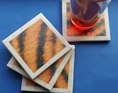 Coaster set of 4 Tiger animal print with gold glitter ceramic square tile or food trivet with cork backing