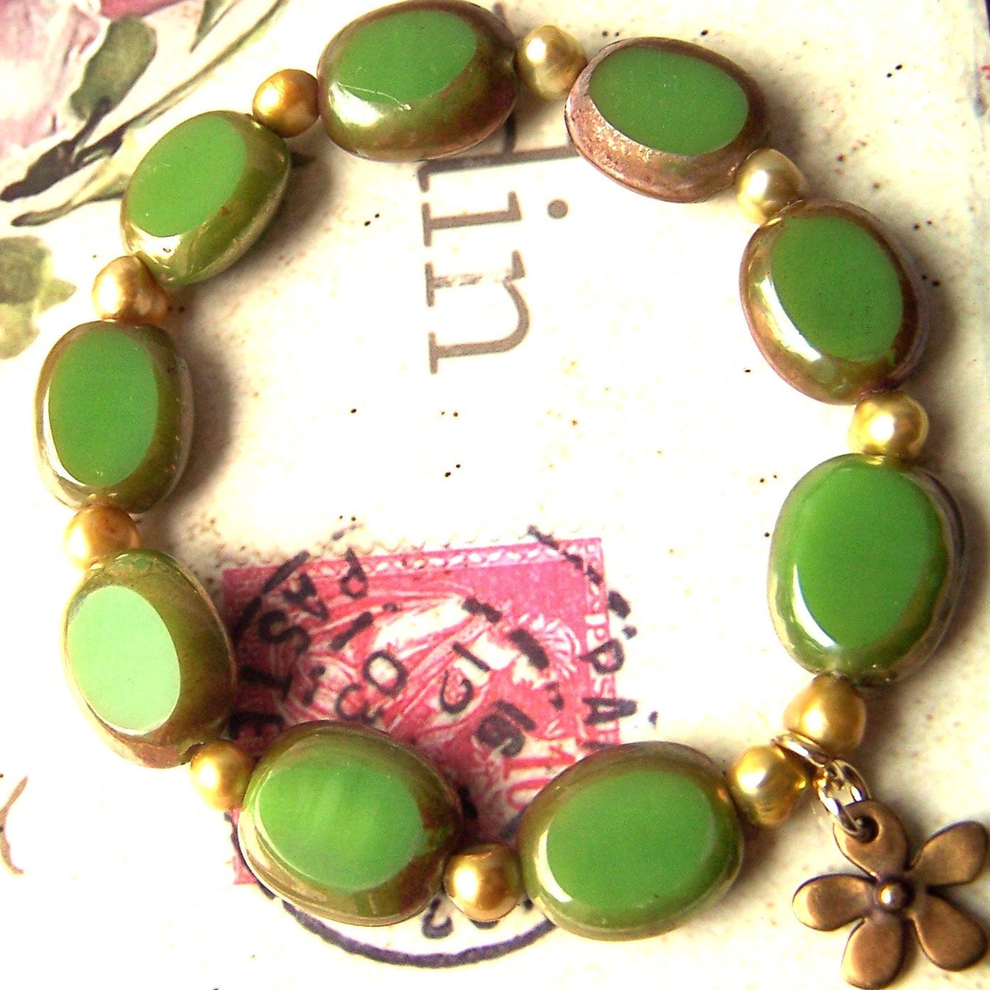Green Bracelet, Spring Jewelry, Stretch Bracelet, Brass Flower Charm, Cute, Glass Beads, Olive Gold Pearls, Teens, Girls, Women