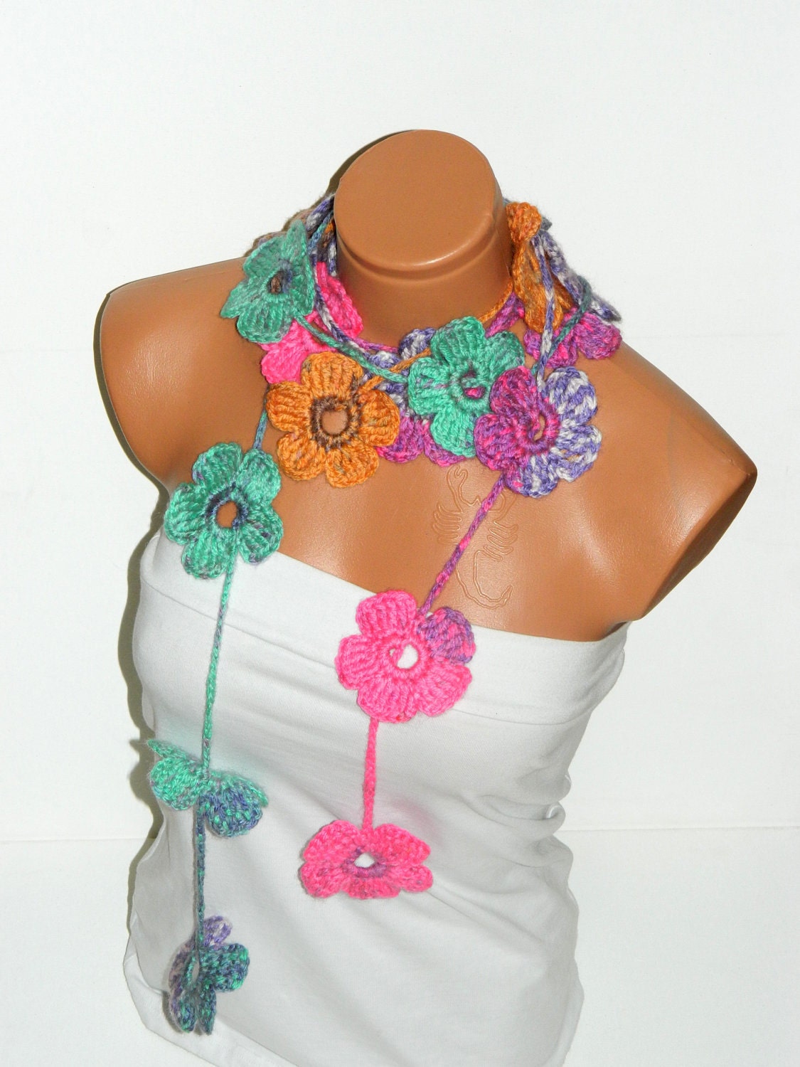 Hand made crochet colorful  Flower Lariat Scarf. Fashion Flower Scarves, Necklace...  Multicolor lariat scarf for spring