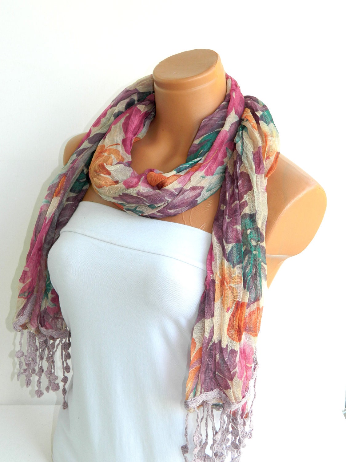 Fabric scarves,Pink Purple Multicolor Scarf. Turkish Fabric Fringed Guipure Scarf.bandana,headband,bridal,authentic, romantic, elegant,