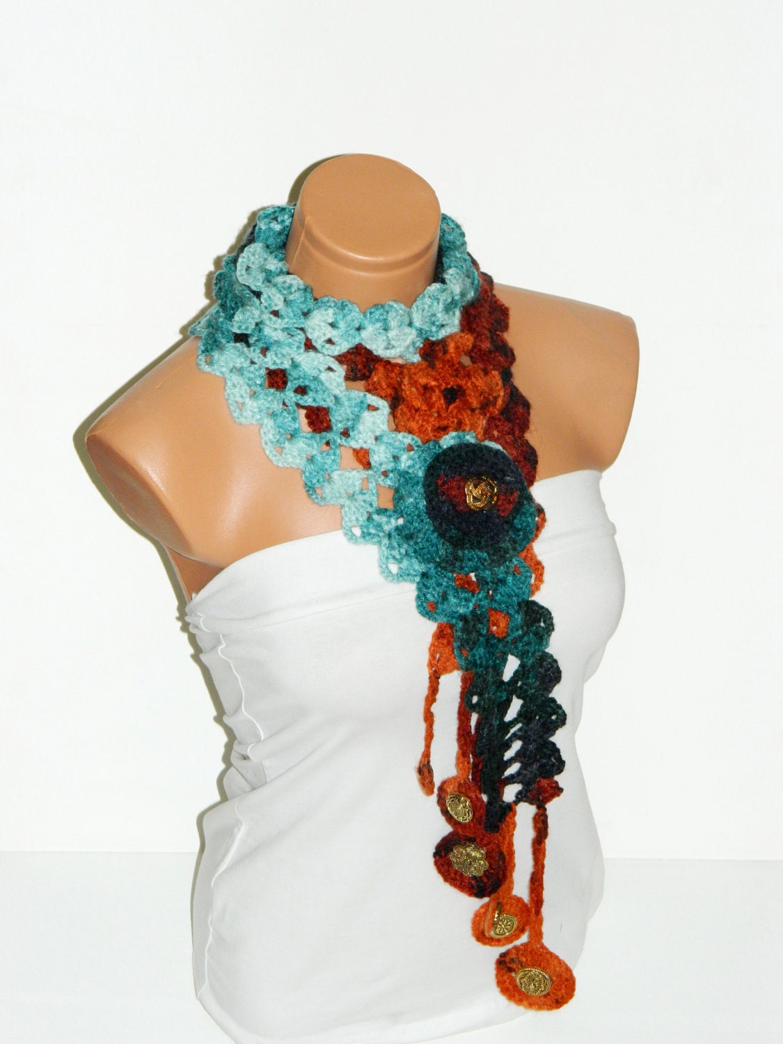 Turquoise Multicolor Neckwarmer, Crochet Women Scarf... fashion,autumn,Holiday Accessories, Personalized Design. Neckwarmer, scarflette...