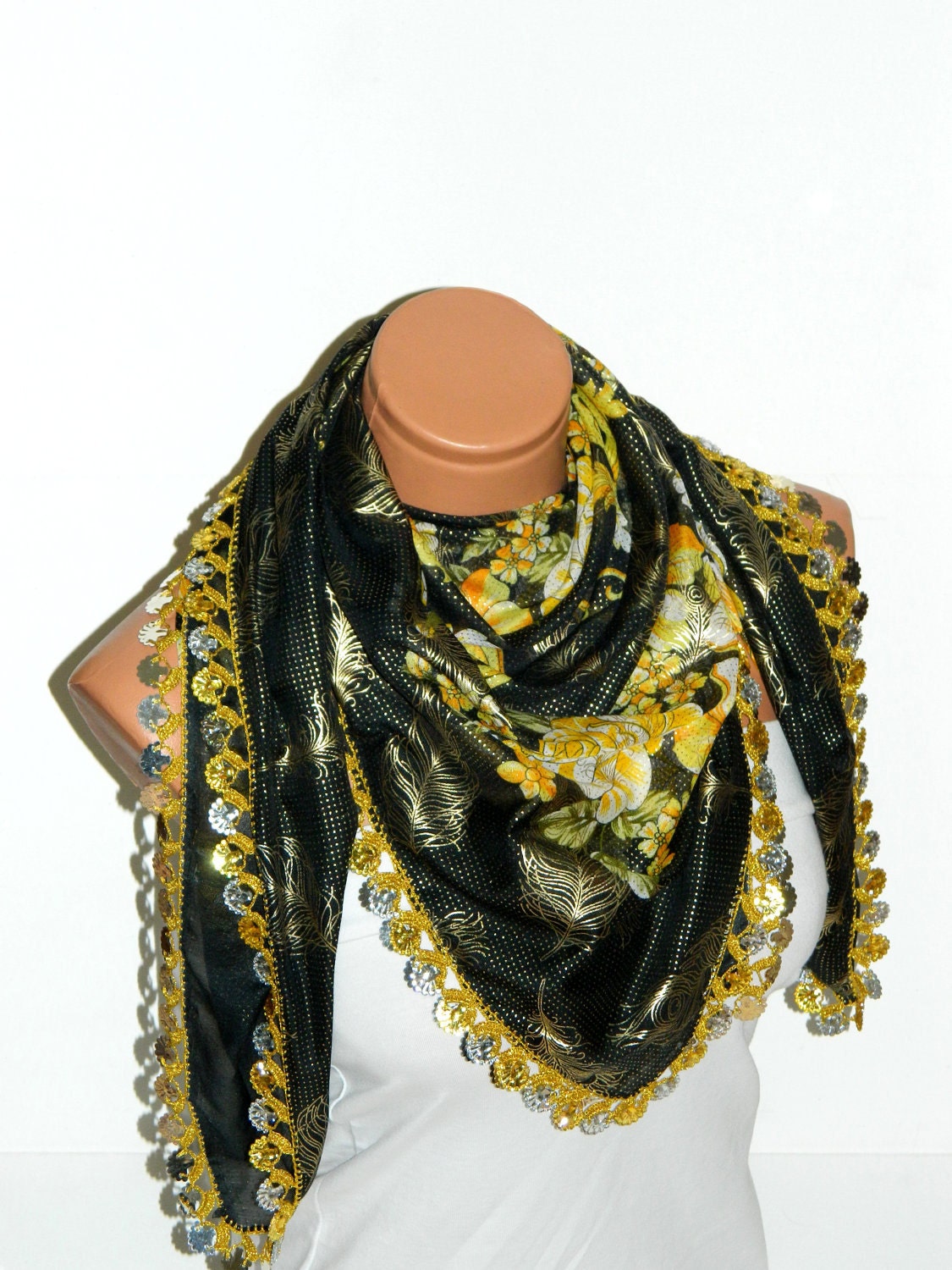 Black and Yellow Multicolor  Turkish Yemeni OYA Scarf .bridal,scarf,authentic,elegant, fashion, personalized design.
