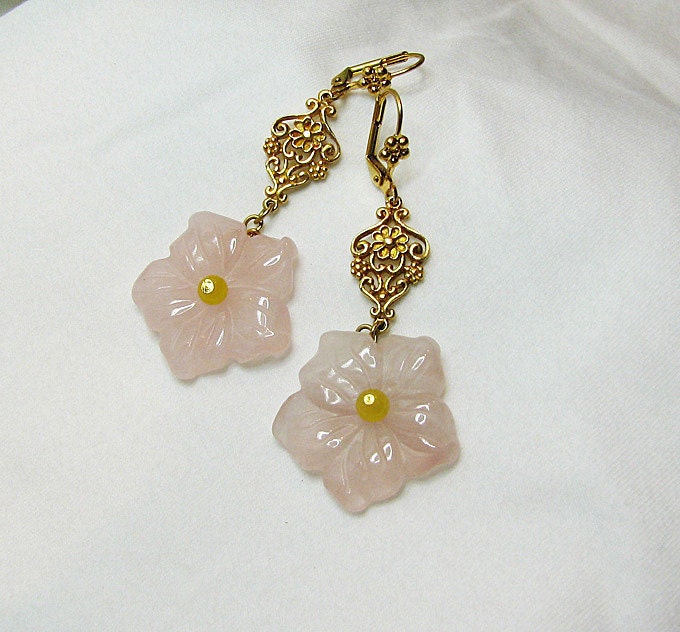 Flower dangle earrings Pale pink carved rose quartz  Gold filigree drop earrings Romantic feminine beaded jewelry