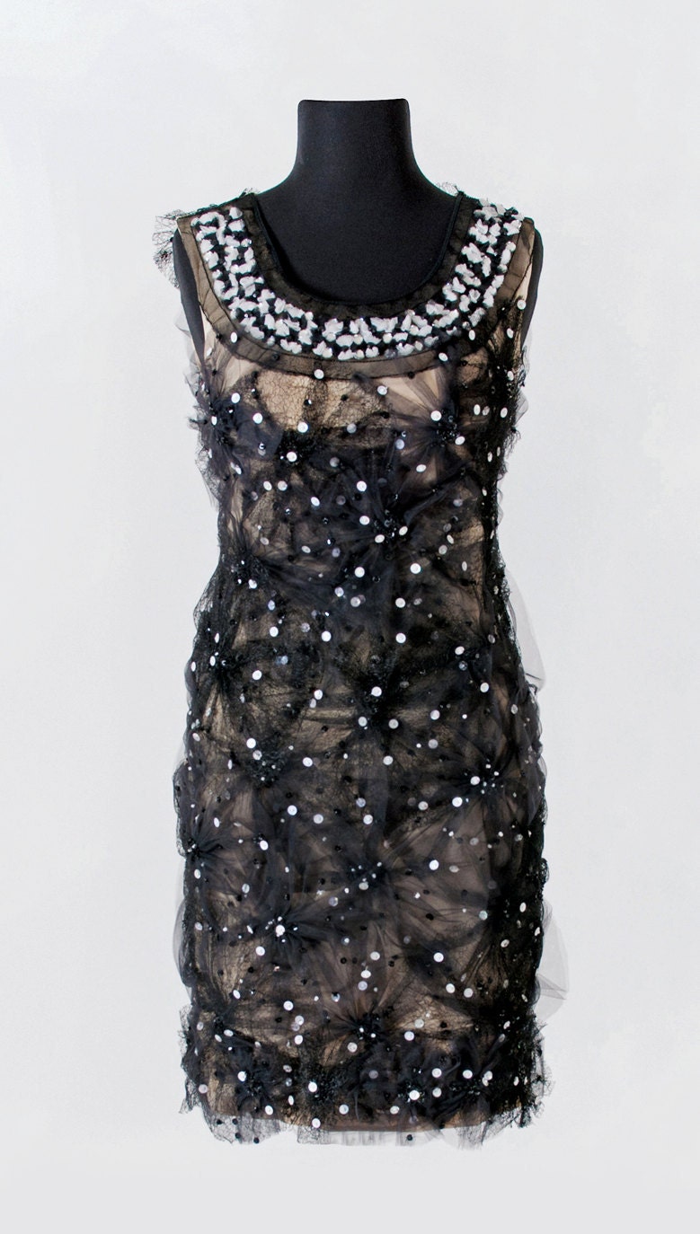 NICOLE - Handmade Beige Mesh and Black Tulle Sleeveless Cocktail Dress