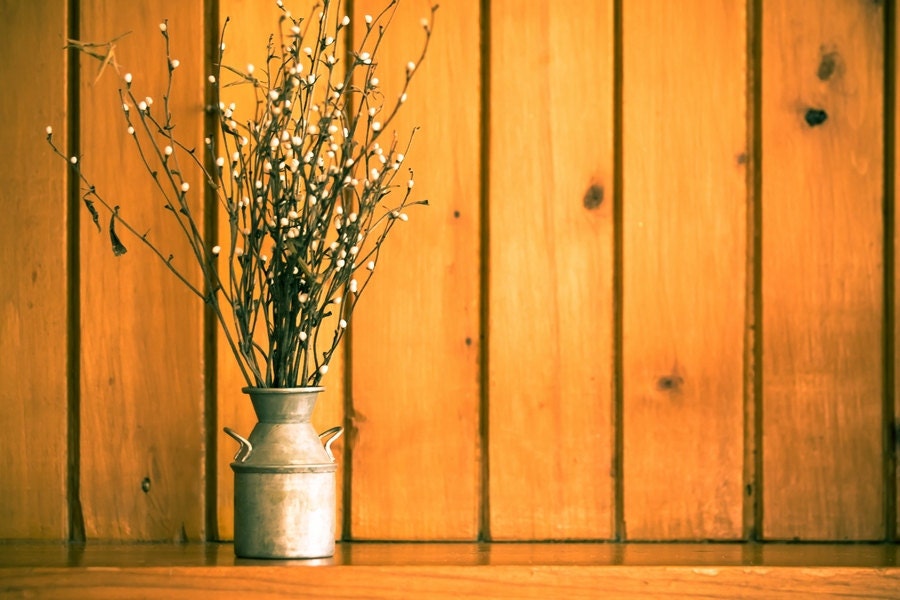 Still Life Photography, Vintage Vase Milk Canister and Decorative Twigs Print, 8x12 or 8x10, harvest autumn pumpkin, tribal