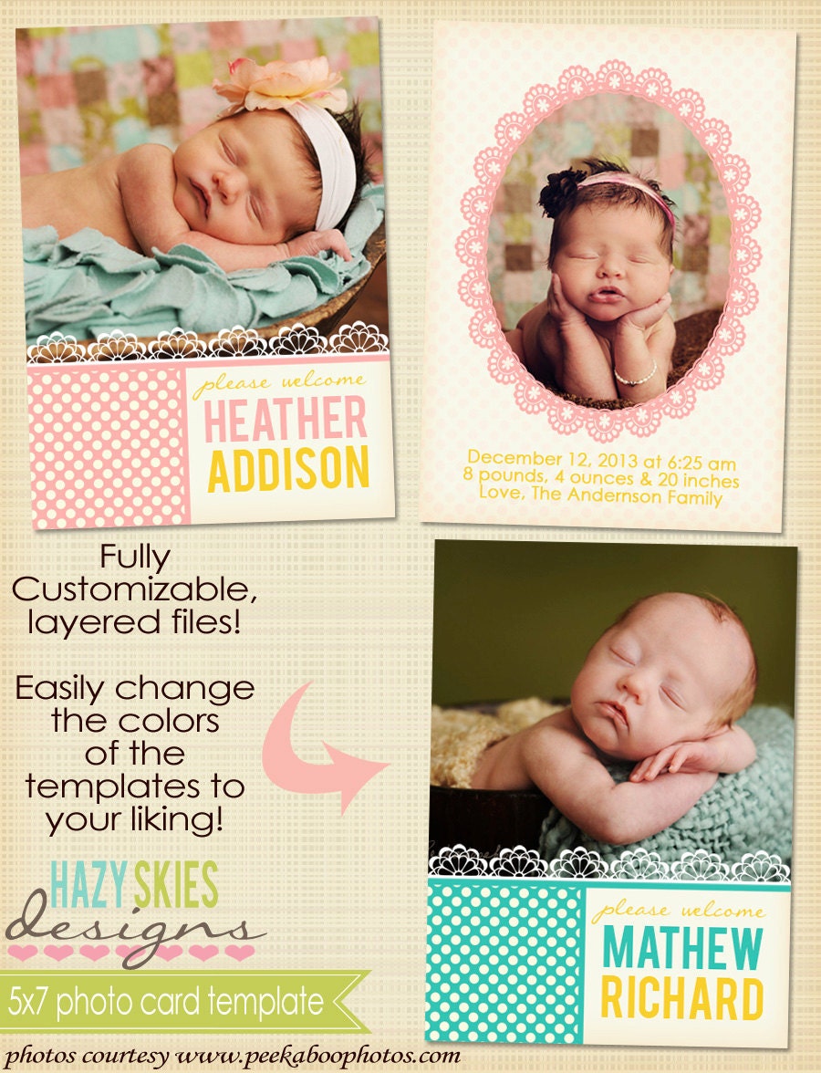 5x7 Digital Photo Card Template - Birth Announcement or Multi Use