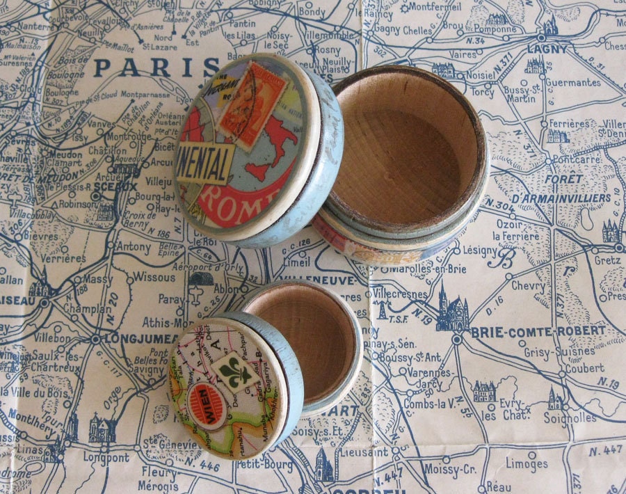 Travel Themed Decoupage Nesting Box Set, Vintage Feel, Postage Stamps, Blue, Round, Italy