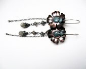 Rustic Copper Flower Earrings Labradorite Hemimorphite Long Dangle Drop Gemstones Stones Sterling Silver Mixed Metal Metalwork Statement