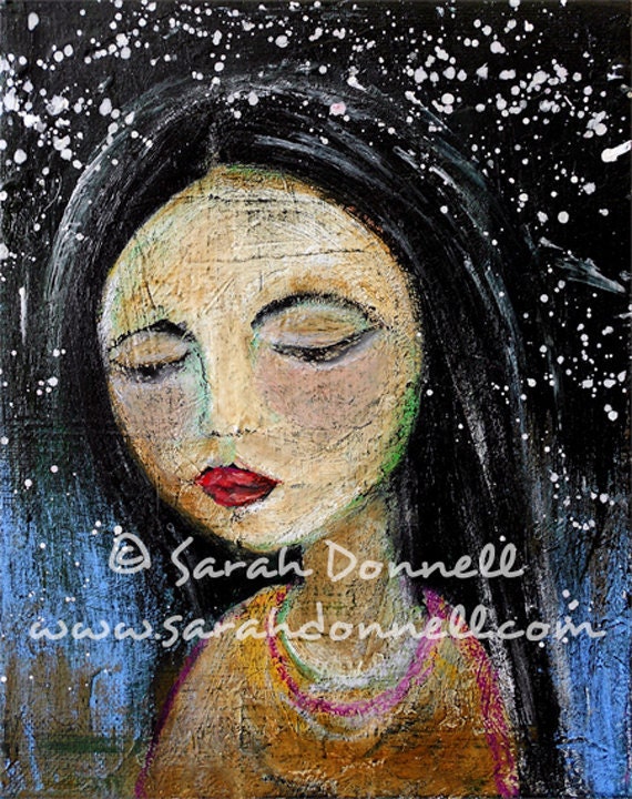 A3 Large Print Original Artwork Night Sky Stars Mixed Media Girl Painting Collage Wall Art Black Hair Praying Glicee Folk Art - Wise Stars
