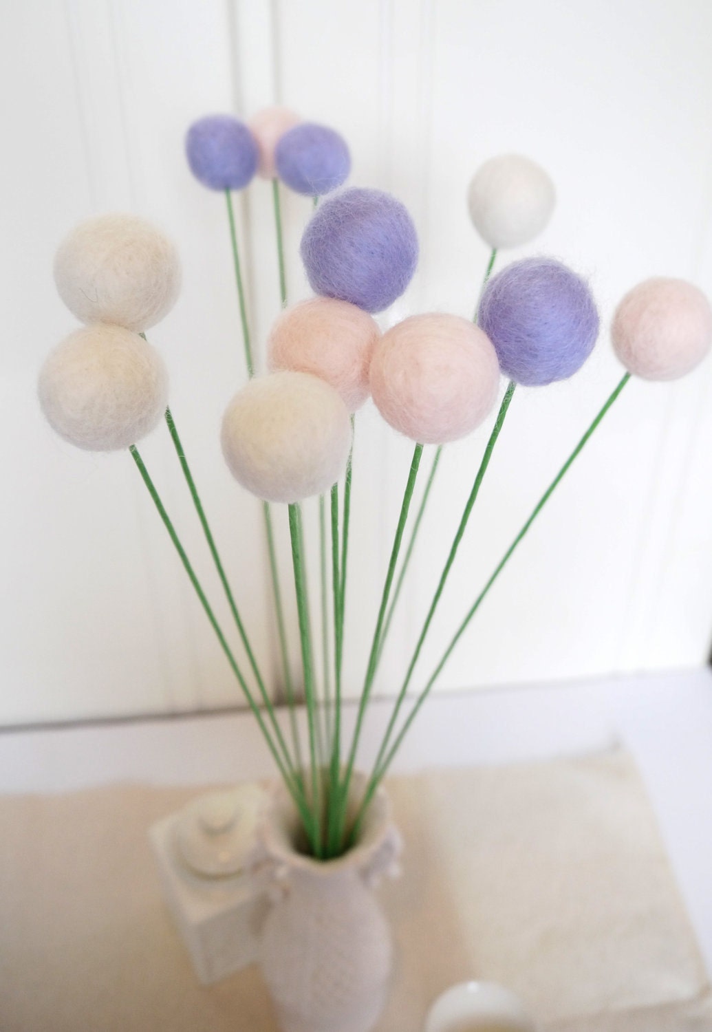 10 White Pink Pale Purple Wool Felt Billy Ball Flowers Needle felted Pom Pom Blooms - Love Gift For Her Romantic Valentine Wedding Bouquet