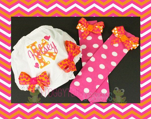 Bird Diaper Cover Tutu Bloomer and Leg Warmer Full Set Outfits in Fuchsia and Tangerine for Little Baby Girls - PERSONALIZED Custom