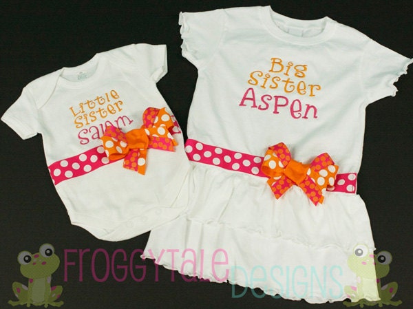 Big Sister Dress and Little Sister Bodysuit Set in Tangerine and Fuchsia for Little Baby Girls - PERSONALIZED Custom