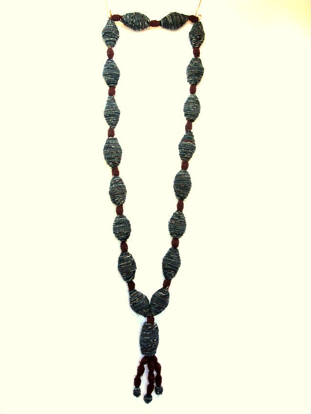 Blue and Maroon Prayer Beads Wall Fiber Art Upcycled Wool Eco Art Wall Hanging