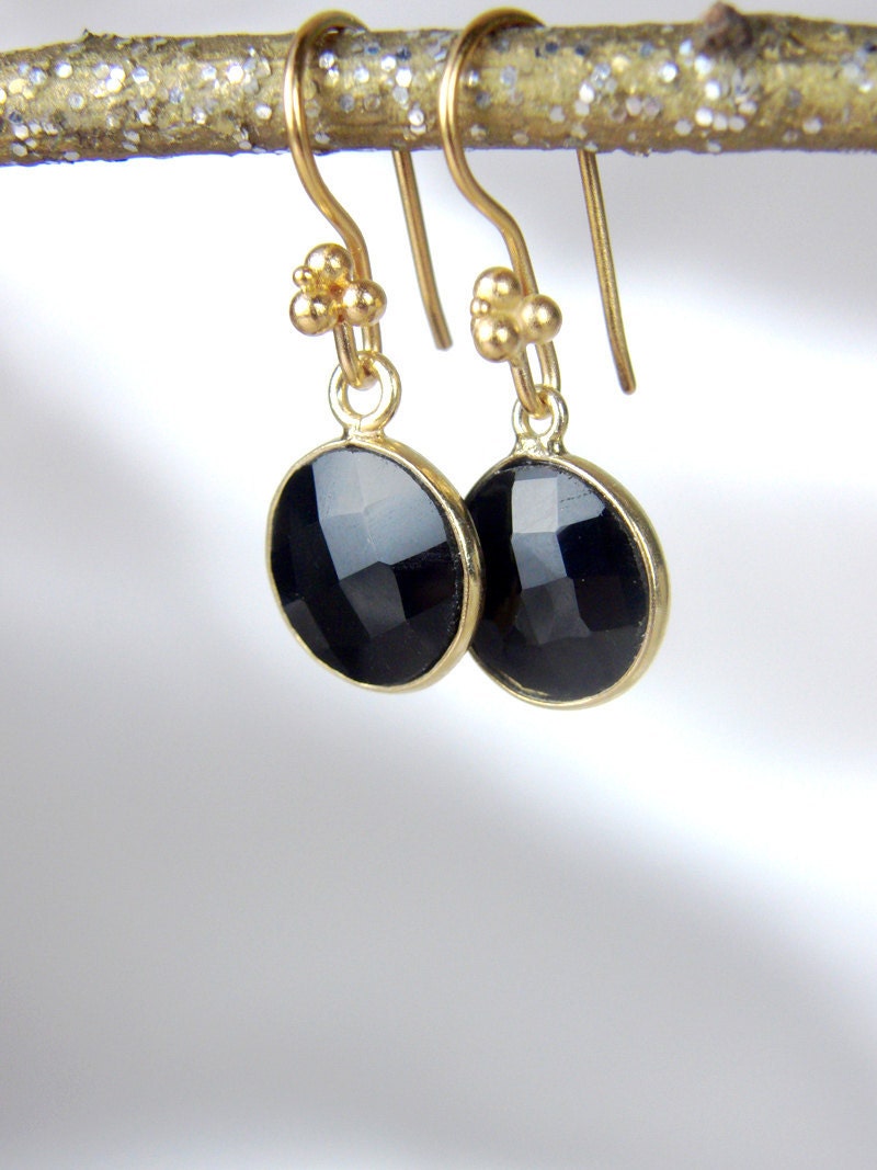 Bezel Set Black Onyx Earrings -Gold Earrings-Gemstone Earrings