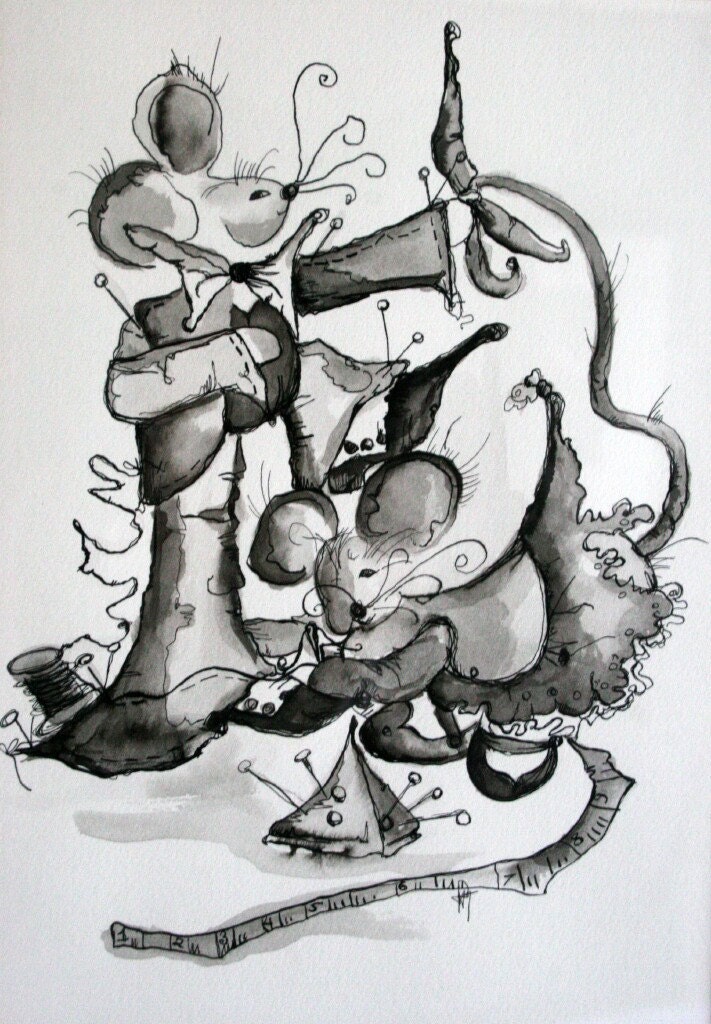 Two Tailor Mice Black & White Illustration - Original Vintage Art Perfect for Sewing Room, Child's Room or Craft Room - Ready to Ship
