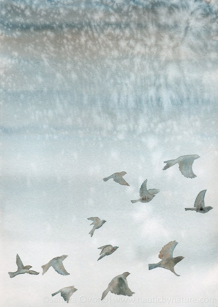 Watercolor painting - Flying birds - Blue gray winter sky - OOAK artwork - SandraOvono