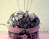 CLEARANCE Pincushion needlecraft pinker Lady Yoko pink black silk floral fabric pin cushion decorative straight pins TAGT tenx
