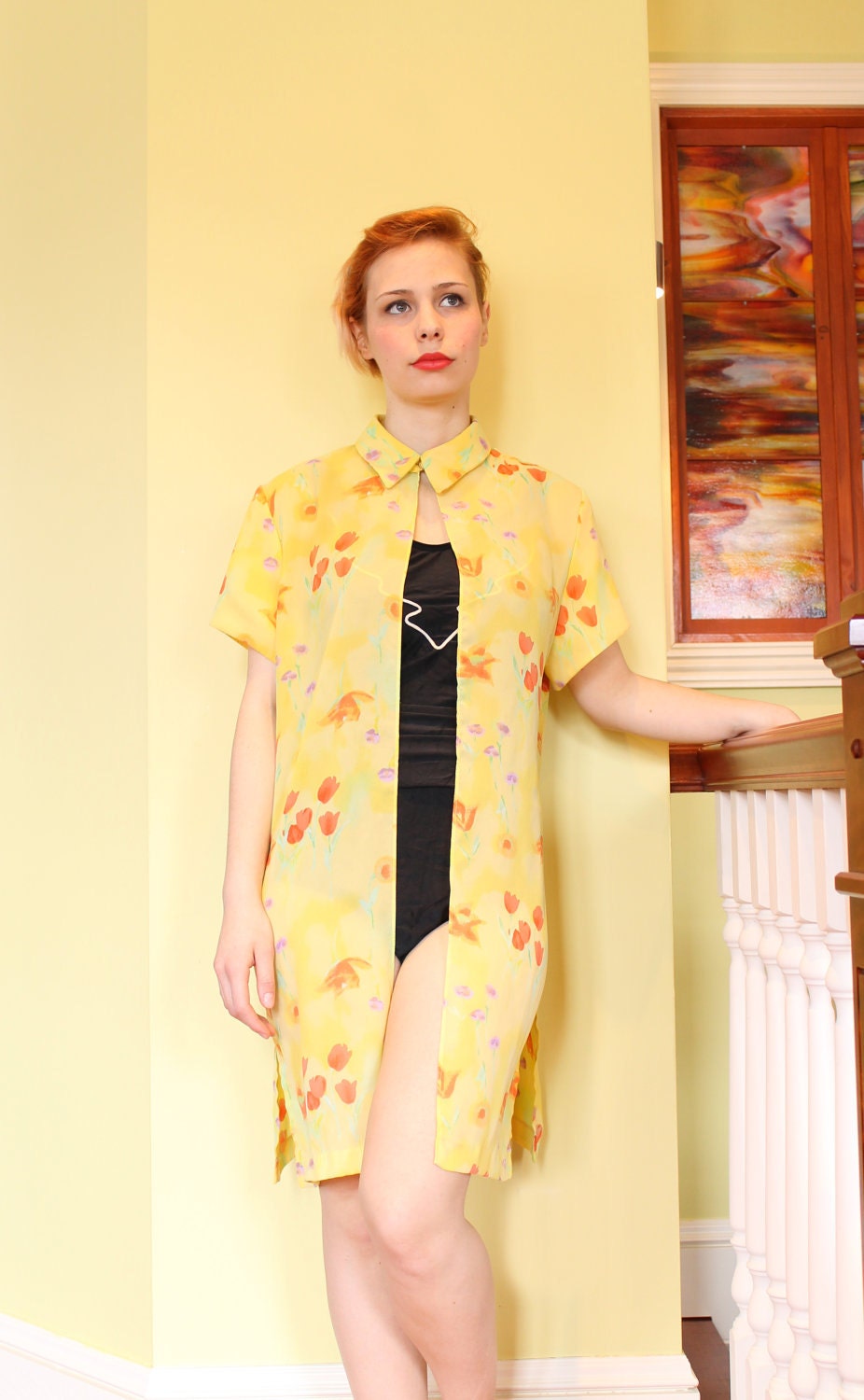 SALE Vintage yellow flowered swimming bathrobe