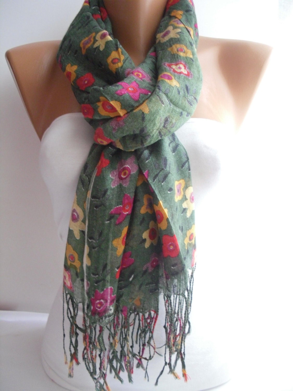 Woman Green and floral Scarf Shawl  Cowl headband