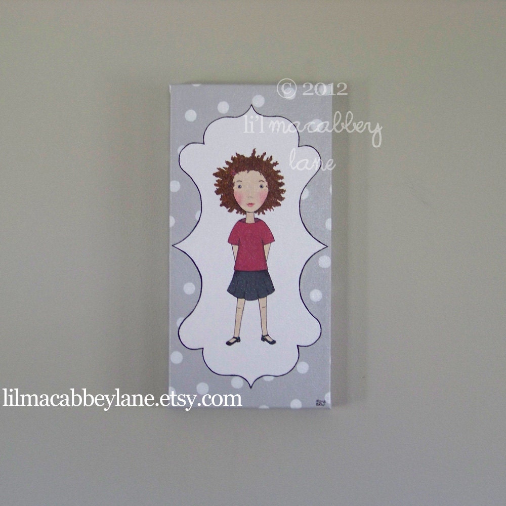 Curly haired girl canvas painting child art decor pink glitter li'l macabbey lane