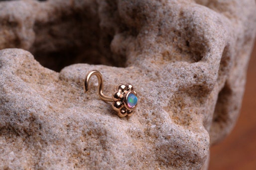Unique 14k SOLID yellow gold NOSE STUD tiny 2mm  man made opal stone  set in  hand made flower shape setting