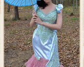 Wedding gown, Dyed gown,Aqua,Satin, Victorian,Goth, Renaissance,  bustle,gown,wedding dress, steampunk, mermaid, trumpet, bridal gown