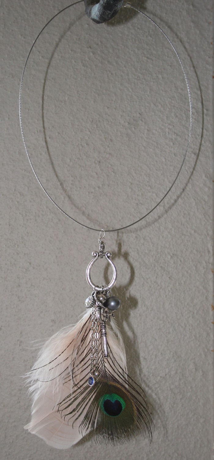 Necklace, charms and a Peacock feather, wire necklace