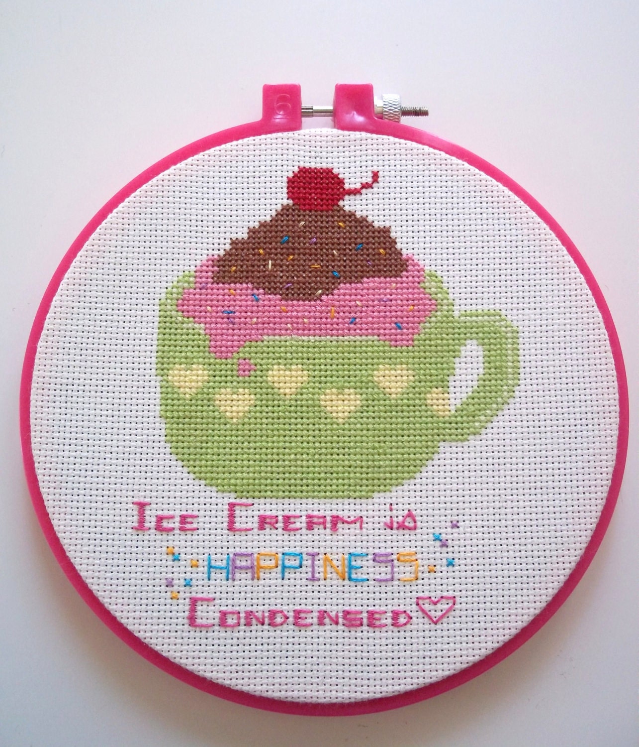 Ice Cream is Happiness Cross Stitch Art - 6"