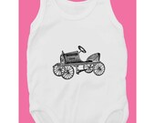 Fitipaldi (100% White cotton baby bodysuit with vintage toy racing car print)