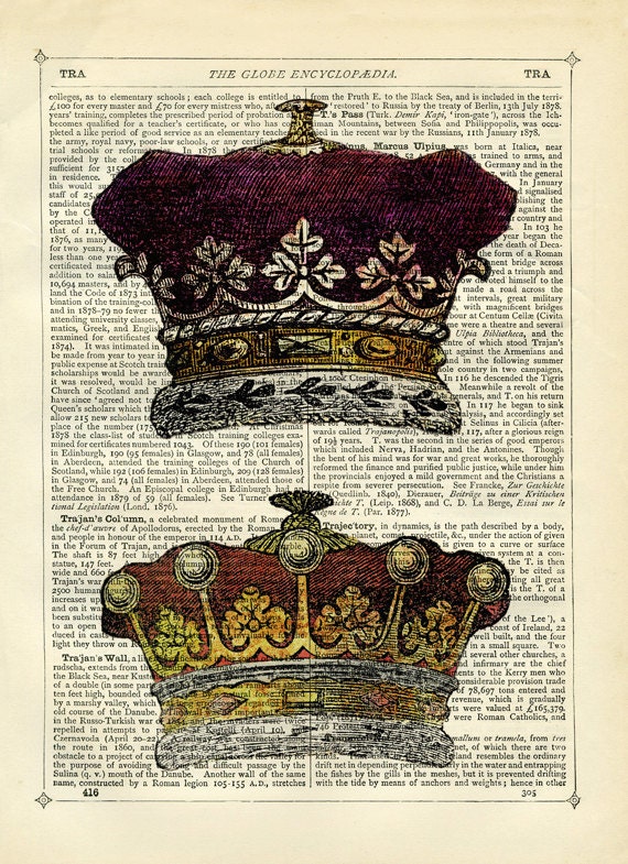Dictionary Art Print Vintage Upcycled Book Page Two Royal Crowns Collage Print