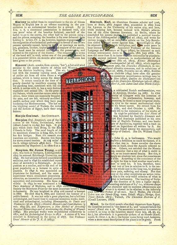 Dictionary Art Print British Telephone Box Vintage Upcycled Book Page Collage Book Art