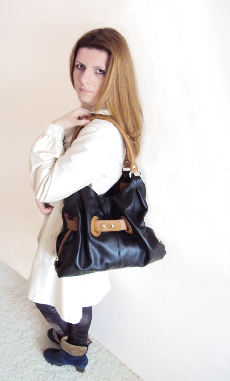 Black Brown Leather Handbag Soft Pebbled Satchel Black Purse Shoulder Bag Everyday bag Europe